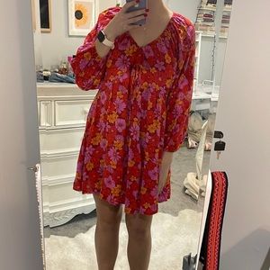 Red, orange, and pink mini floral dress